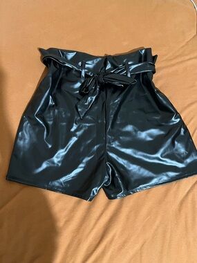 Black Faux Leather Paperbag Waist Shorts